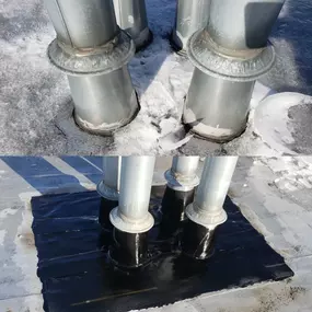 This split image shows roof penetrations. The top half depicts them surrounded by snow and ice, while the bottom half shows them neatly sealed with a new, dark waterproofing membrane.