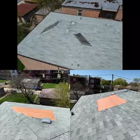 This split image displays a shingled roof requiring repair. The top shows missing shingles, while the bottom reveals temporary orange patches covering damaged areas, awaiting full replacement or repair.