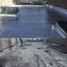 This split image showcases a flat roof before and after repair by Chicago Star Roofing. The top shows a new, shiny grey membrane, while the bottom reveals the older, distressed surface during work.
