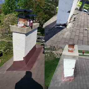 This multi-panel image details chimney flashing repair by Chicago Star Roofing. It shows the chimney's damaged base and then the completed, sealed flashing in a reddish-brown color, with tools visible during the process.