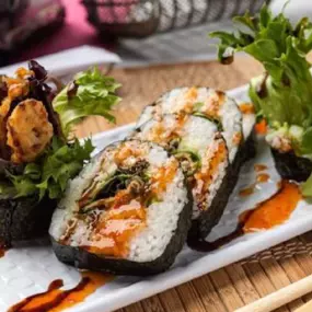 Soft-shell crab tempura, cucumber, avocado, spring mix inside, topped with sweet chili and eel sauce.