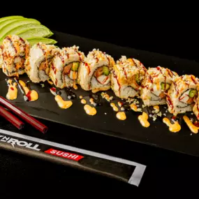 (FRIED) Smoked salmon, krab stick, cream cheese and avocado inside, fully fried, topped with spicy mayo, eel sauce and crunchy flakes.