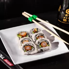 Fried shrimp, avocado, cucumber inside.