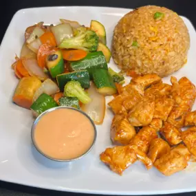 Served with Soup or Salad, Side of Fried Rice, Vegetables and Yum Yum Sauce.