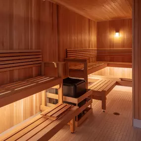 Wooden sauna room with benches and a table