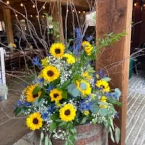 Sunflower whiskey barrel arrangement for a reception near Hagerstown, designed by Christina Price of Homestead Floral Wedding & Events.