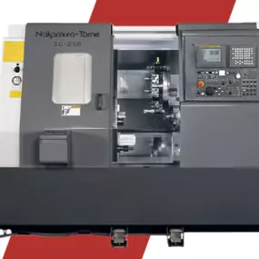 The Nakamura-Tome SC-250 is a compact turning center designed for precise shaft and flange work, built on rigid box ways for accuracy and durability.