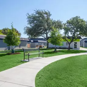 A park with benches and houses in the background