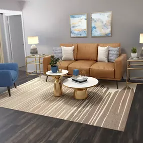 A living room with a brown couch and a blue chair