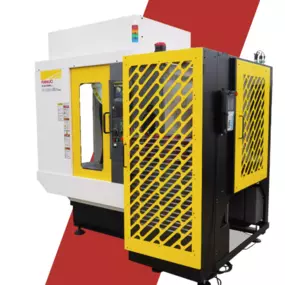 The Methods Plus-E Automation System integrates with the Fanuc RoboDrill, using a vertical pallet elevator for efficient, space-saving part loading and unloading.