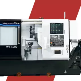 The Nakamura-Tome WY-100V is a twin-spindle multitasking lathe with dual Y-axis turrets, designed for high-efficiency operations like pinch milling and ChronoCut processing.