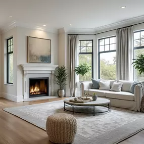Comfortable living room space with natural light, neutral tones, and staging that reflects a finished remodel.