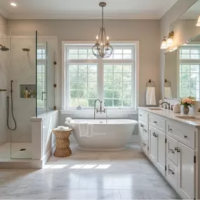 Elegant primary bathroom remodel featuring a freestanding tub, glass-enclosed shower, double-sink vanity, and chandelier lighting.