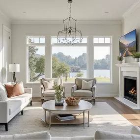 Completed living room remodel featuring a fireplace, mounted TV, and thoughtful décor for a welcoming atmosphere.