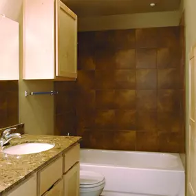 A bathroom with a brown tile wall and a white toilet