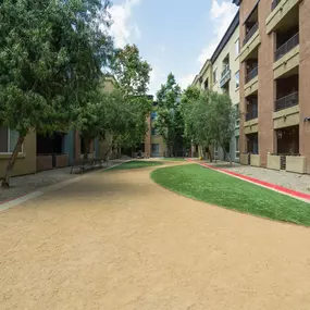 A long, narrow, dirt pathway leads between two rows of apartment buildings.