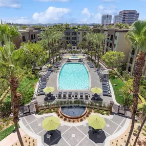 A pool surrounded by palm trees and umbrellas.