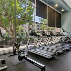 A gym with treadmills, elliptical machines, and a rowing machine.
