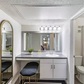 A bathroom with a sink and a mirror
