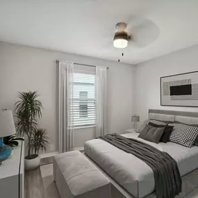 A room with a large bed and a mural of hearts on the wall