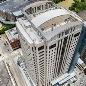 Aerial view of a commercial roof by Schulte Roofing of The Woodlands Texas.