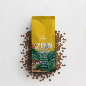 bag of lionrush coffee over coffee beans in a white background