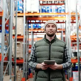 A warehouse worker in a beanie and padded vest stands confidently with a tablet in hand.