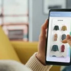 Woman shopping online for jackets on her smartphone from an e-commerce website.