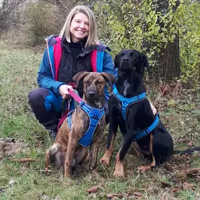 Hundeschule Martin Rütter Göppingen-Heidenheim Hundetrainerin Susanne Michels mit zwei Hunden beim Training auf einer Wiese. Gemeinsames Training für Sozialisation, Bindung und Grundgehorsam in der Hundeschule.