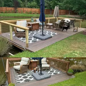 A before-and-after photo showing a deck renovation. The top image has a cable railing and patio furniture, while the bottom image has a traditional wooden railing and different furniture.