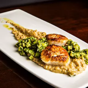 Jumbo Seared Scallops: Artichoke pesto risotto