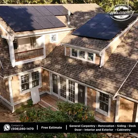 Where renovation meets innovation. A beautifully remodeled home with new siding, detailed trim work, and integrated solar panels—crafted by Herks Carpentry.