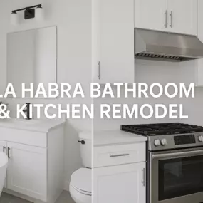 Modern bathroom and kitchen remodel completed by La Habra Bathroom & Kitchen Remodel. The photo features a sleek white vanity, freestanding tub, custom tile work, and a contemporary kitchen with quartz countertops and stainless steel appliances. A clean, elegant look that reflects the quality and style we bring to every renovation project in La Habra and surrounding areas.