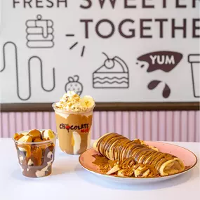 cookie butter shake, bash n cup, bash bites, and sushi crepe with bookie butter drizzle