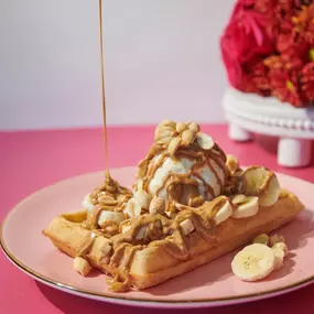 Build your own waffle with peanuts, peanut butter and ice cream