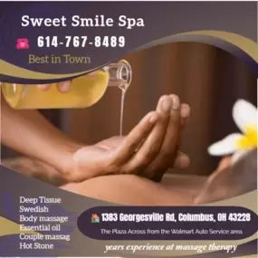 Massage is becoming more popular as people now understand the 
benefits of a regular massage session to their health and well-being.
Here at Sweet Smile Spa & Massage we love being a part of helping 
taking part in peoples wellness and a better life.