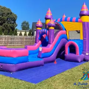 Cotton Candy Bounce House Combo
A pink, purple, and blue cotton candy–themed bounce house with slide, splash pool, and castle turrets. Great for birthdays, carnivals, and community events.