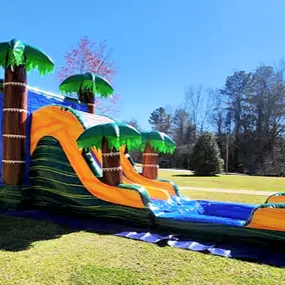 Cali Palm Combo Bounce House with Slide
A colorful tropical-themed bounce house and slide combo with palm trees, bright orange, green, and blue design — ideal for summer parties and water fun.
