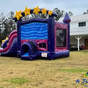 Galaxy Bounce House Combo
A galaxy-themed bounce house with purple, blue, and pink colors, topped with bright yellow stars. Includes slide and bounce area for endless fun.