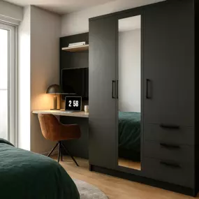 Rendering: Workspace, Schrank und Bett des Businessapartments Urban Smart