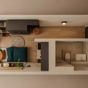 Rendering und Draufsicht des Wohnbereichs mit Bett, Schrank, Workspace und Badezimmer im Urban Smart Studio