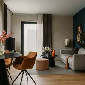 Rendering: Couch des Businessapartments Stayurban Premium mit Sicht auf Schlafbereich