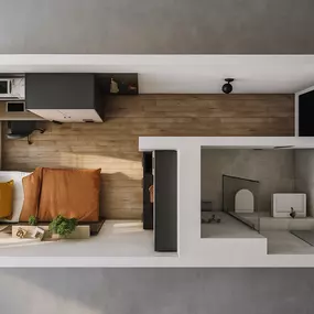 Renderning: Draufsicht einen Apartments im staytoo in der Welserstr. 88 in Nürnberg