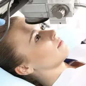Lady getting prepared to get lasik eye surgery at the eye doctors