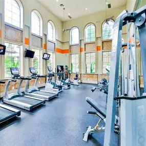 A modern style fitness center with tall windows and fully equipped with fitness equipment