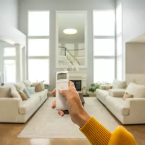 Motorized cellular shades in neutral living room.