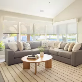 Motorized roller shades in living room.