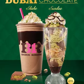 Introducing our new Dubai Chocolate Sundae & Shake made with our Flavor of the Month, Pistachio Chocolate Bar! Grab this craveable combo today, here by popular demand.​