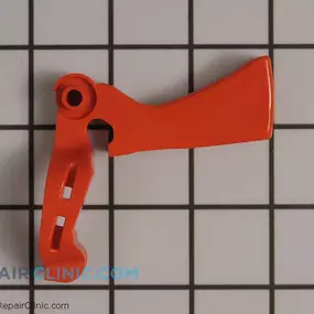 A bright orange plastic hedge trimmer trigger assembly displayed against a grid background