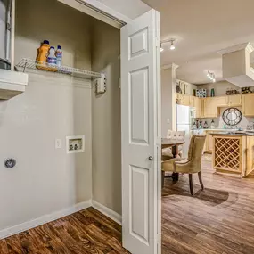 Spacious laundry closet with white doors